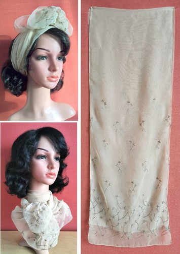 Damen Schal Schaltuch Stola Halstuch Blütenstickerei Transparent Beige 34x156