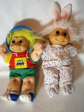 Two 1980's RUSS BERRIE CO 12" TROLL PLUSH SOFT BODY DOLLS Bunny  Boy w/ Hoodie