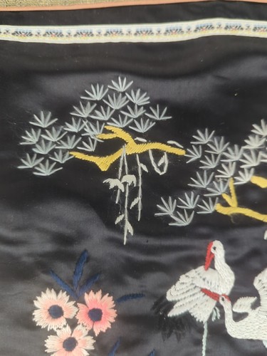 vintage Silk Chinese Embroidered Pillow Cover Set Of 2 Birds Crane Set black - Picture 12 of 16