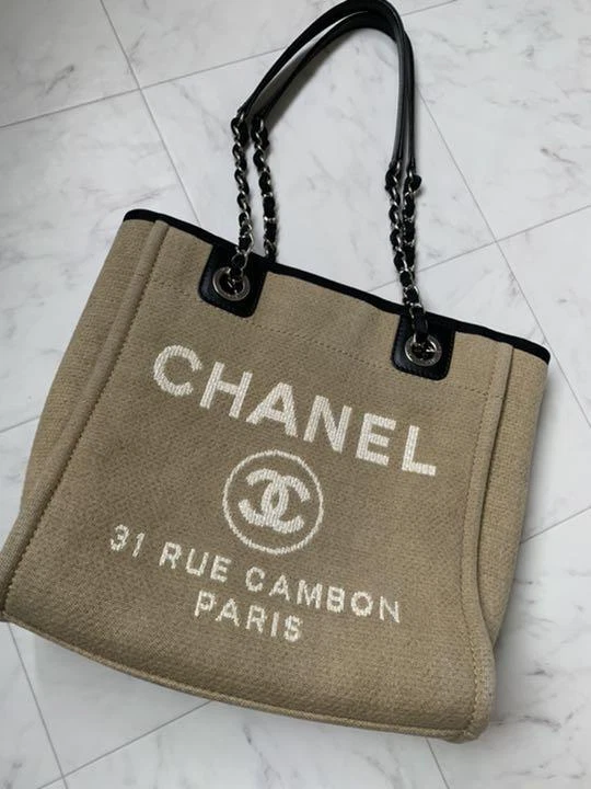 CHANEL Deauville PM Tote Bag Canvas Chain Beige Silver Metal 32cm x 27cm x  10cm