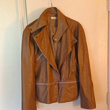 New Look Women's Brown Biker Jacket Zip Front Collared Short Faux Leather Size M