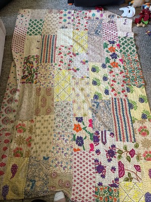 Colorful Sari Kantha Quilt, Patchwork Cotton  Bedspread, Kantha Throw
