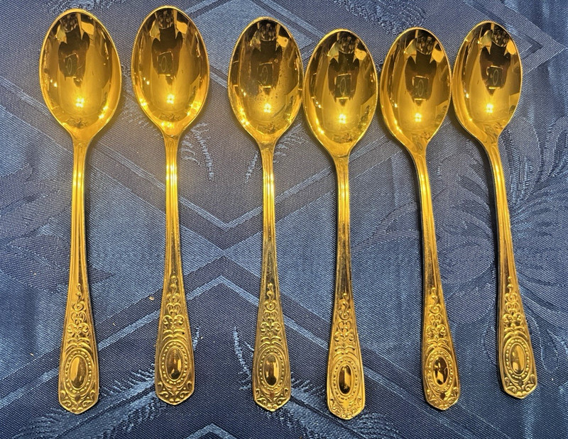 NEW VINTAGE MELCHIOR SET OF 6 TEASPOONS GOLD SILVER PLATED USSR 1989