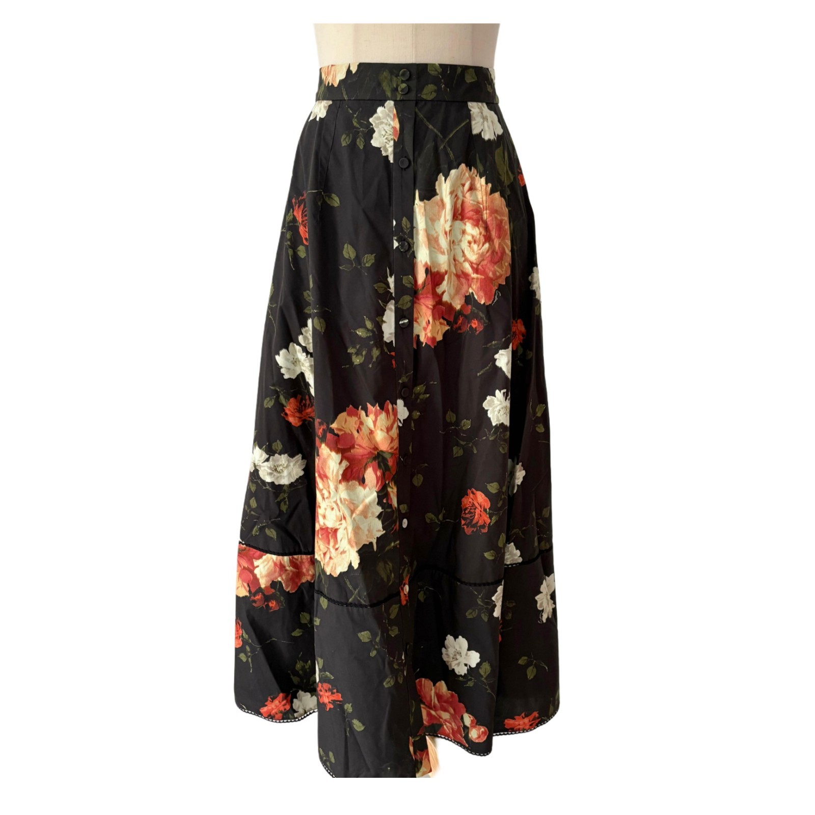 Erdem Black Cotton With Multicolor Rose Print Maxi Skirt