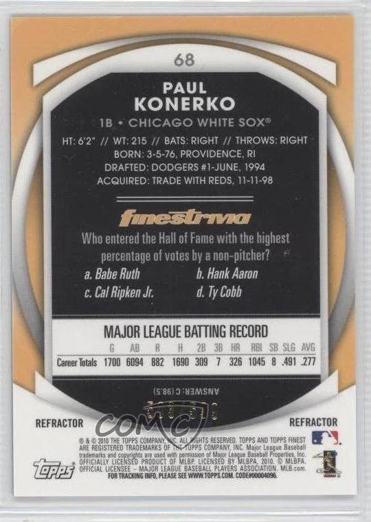 2010 Topps Finest Refractor /599 Paul Konerko #68 - Image 2 of 2