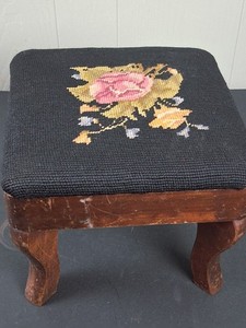 Vintage Victorian Needlepoint Stool Black Floral Wood Square French Country 9x9"