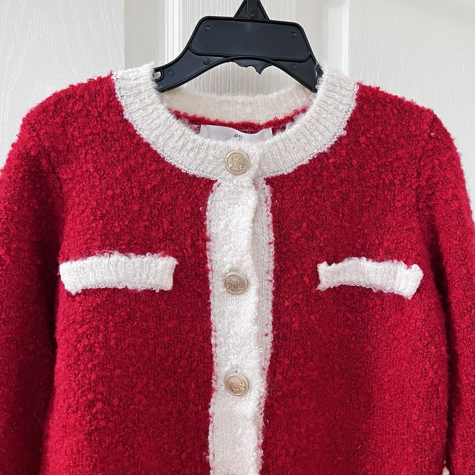 H & M красный и кремовый кардиган свитер золотой кнопки шерстяная смесь девочек размер 3-4T новый с Ярлыками - Изображение 2 из 4