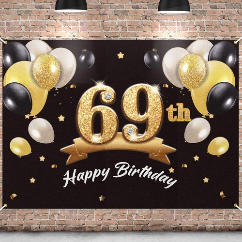 Happy 69th Birthday Banner Backdrop - 69 Birthday Party Decorations Supplies ...