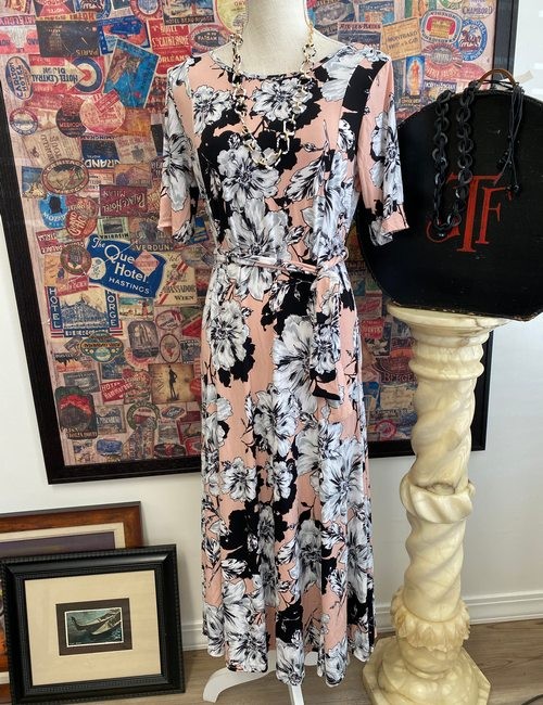 Nina Leonard Pink Floral Sylvia Midi Godet Dress M New Belted Party Work