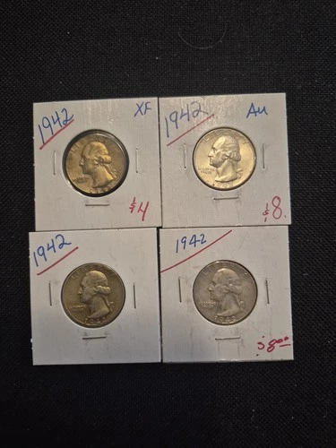 4 Beautiful 90% Silver 1942 Washington Quarter Coin Collection.