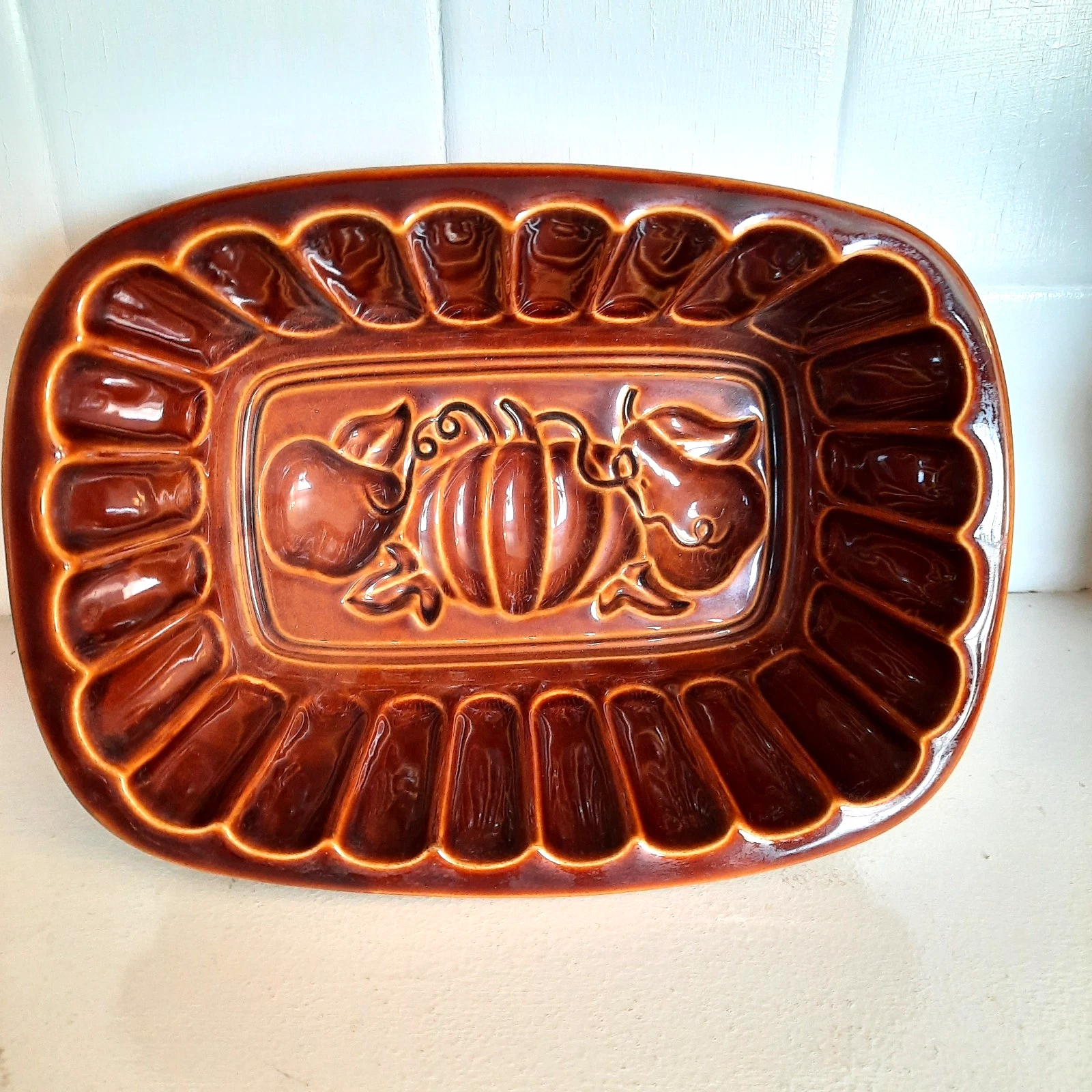 VTG WILLIAMS SONOMA Harvest Loaf Pan Glazed Stoneware - Apple Pumpkin Pear-GUC