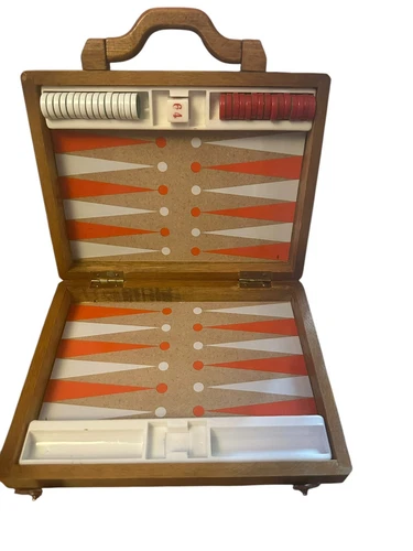 Vtg Backgammon Checkers Leather Wood Red White Beige Butterscotch Black Bakelite