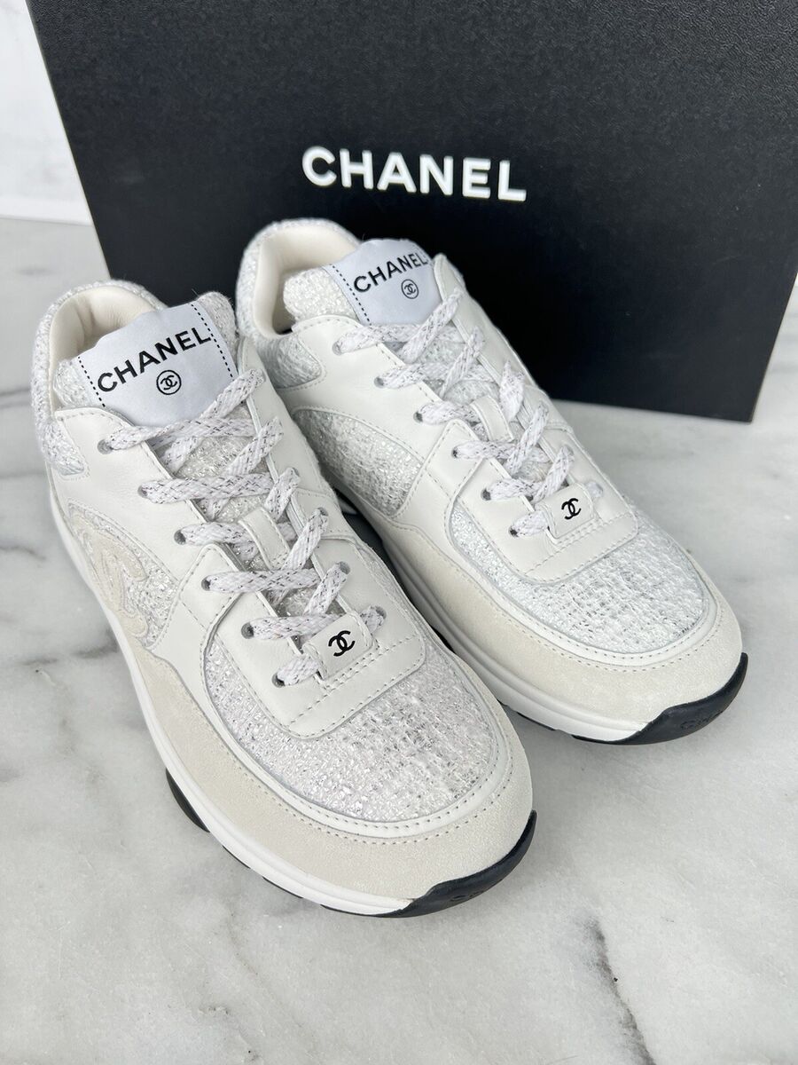 NEW Authentic CHANEL Suede CalfskinFabric CC Sneakers Sz 38 NEW Authentic CHANEL Suede CalfskinFabric CC Sneakers Sz 38