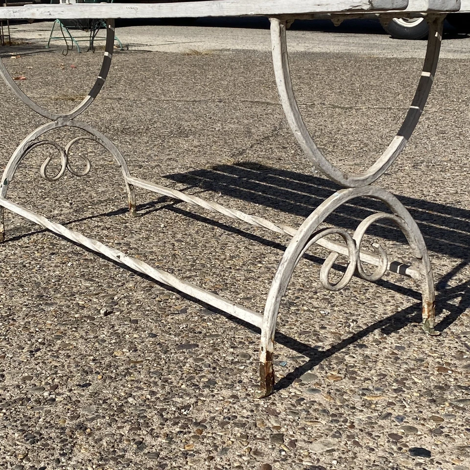 Винтажная французская скамья в стиле модерн с прокруткой из кованого железа и деревянных планок для сада патио - Изображение 4 из 4