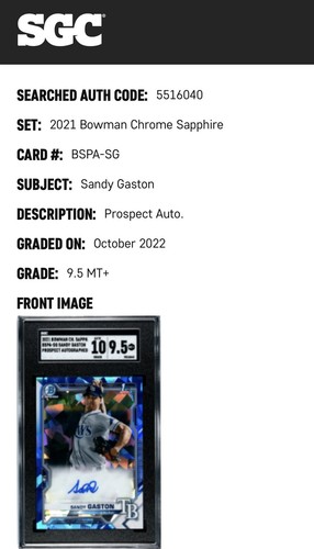 2021 BOWMAN CH. SAPPH.BSPA-SG SANDY GASTON PROSPECT AUTOGRAPHED 10/9.5 MINT+ - Picture 2 of 3