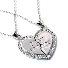 NEW BEST FRIEND Heart Silver Rhinestone 2 Pendants Necklace BFF Friendship