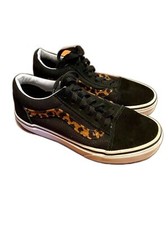Vans Old Skool Kids Sneakers Black Leopard Print Faux Fur Stripe Size 2.5