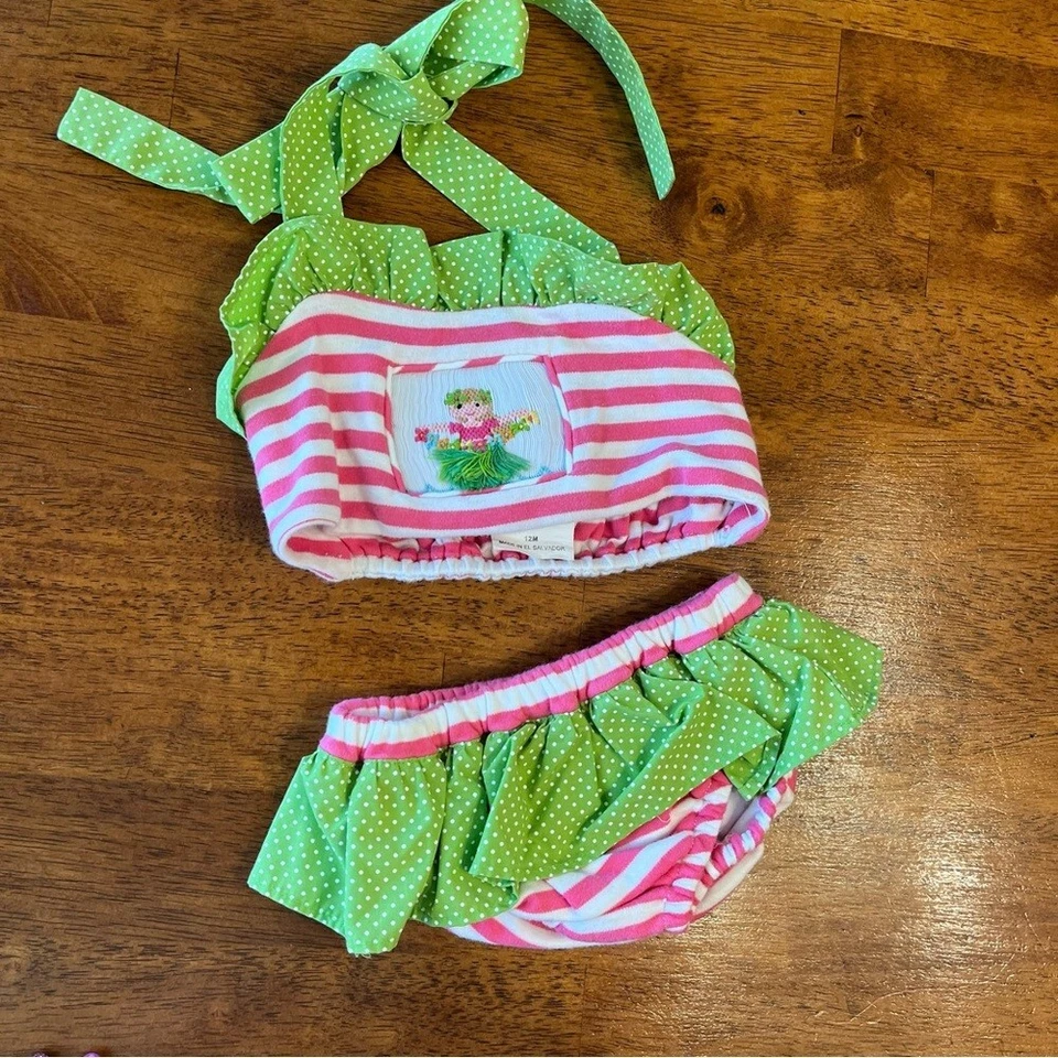 Zuccini Mädchen 100 % Baumwolle rosa gestreift Luau gesmokter Bikini 2-teilig Größe 12 Monate