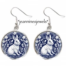 Rabbit Earrings Delft Blue And White Vintage Art Print Silver Charm Dangle