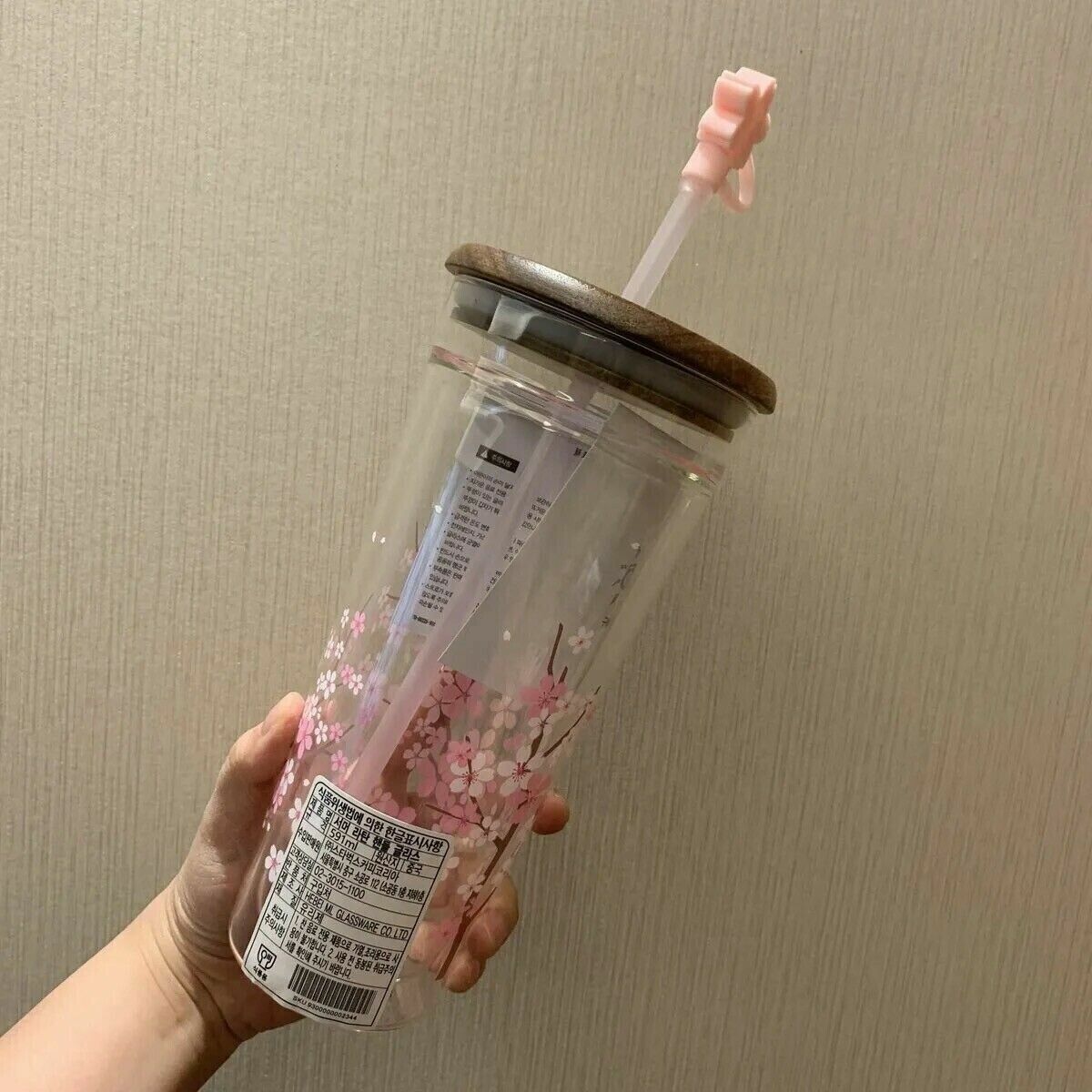 Starbucks Pink Cherry Blossom double glass sippy cup + Cherry blossom plug 591ml