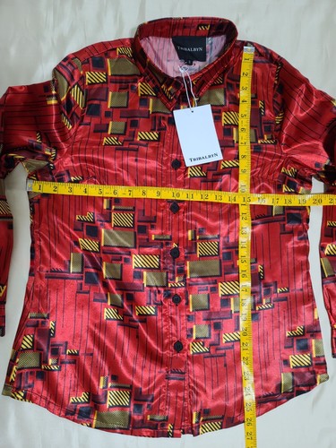 Tribalbyn Satin Blouse Women's S Red African Style Button Down Long Sleeve NWT - Picture 9 of 11