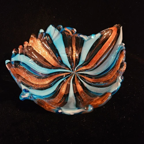 Vintage Small Murano Trinket Dish Ashtray Art Glass Copper Adventurine Blue 5+"L