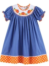 NWT Lil Cactus Blue Pumkin Sunflower Smocked Bishop Dress Size 3-6 Months