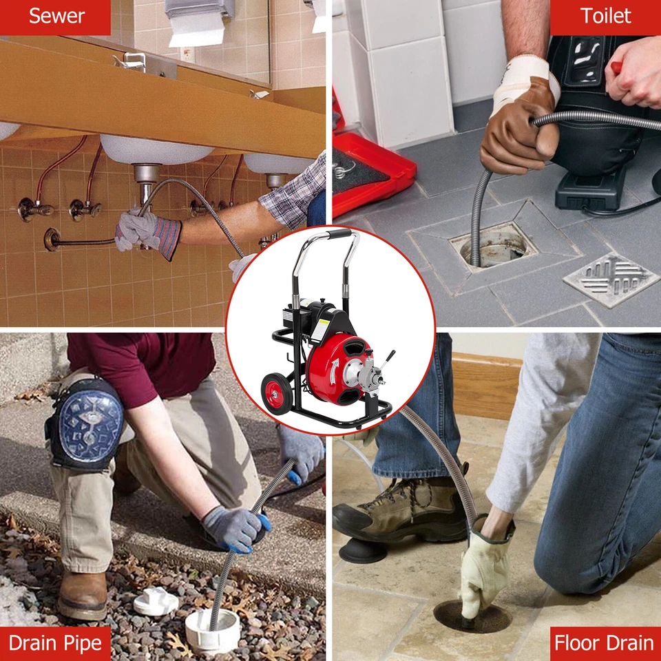 Máquina limpiadora de drenaje de 100/75/50 pies, 4 cortadores, interruptor de pie, barrena para tuberías de 1 a 4"" Foto 3 de 4
