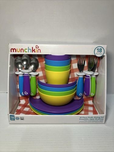 Munchkins Childrens Multi Dining Set 18Pc 4 Plates 4 Bowls 4 Cups 6 Utensils New