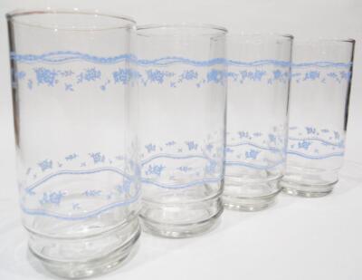 4 Corelle MORNING BLUE Floral 14-oz GLASSES 5 7/8'' Iced Tea Pedestal Tumblers