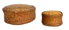 Pair of Round Hand Woven Bamboo Vintage Nesting Baskets with Lids - Asia
