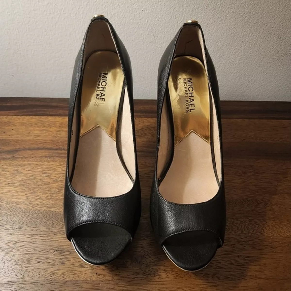 Michael Kors Black Gold Peep Toe Platform Pumps