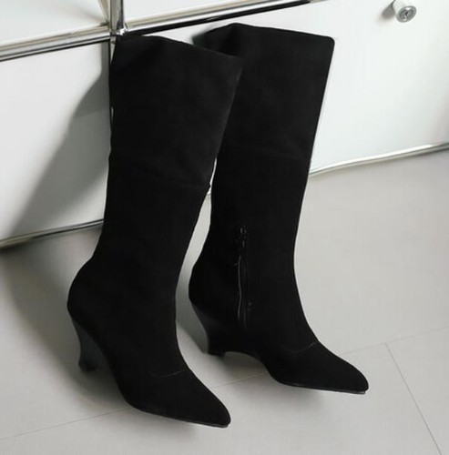 Sexy de mujer con tacón de cuña punta puntiaguda botas de media pantorrilla cremallera lateral tacón medio de gran tamaño  - Imagen 2 de 29