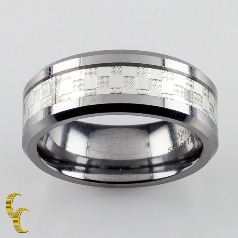 Spikes-Tu Swiss Tungsten Band Ring w/ Checkerboard Design