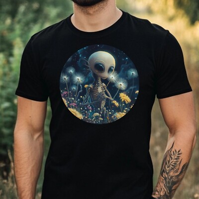 Mens Alien Dandelion Print Cotton T-Shirt Size XS to 5XL