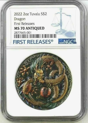 2022 Tuvalu Dragon 2oz Silver Antiqued Colorized Coin NGC MS70 First Releases