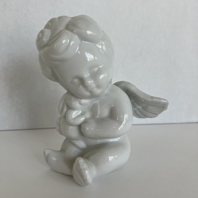 White Ceramic Glazed Angel Cherub 6  Figurine Holding Rabbit Bunny, Easter