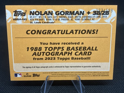 2023 Series 2 1988 Topps Baseball Black /199 Nolan Gorman Rookie Autograph RC - Picture 3 of 4