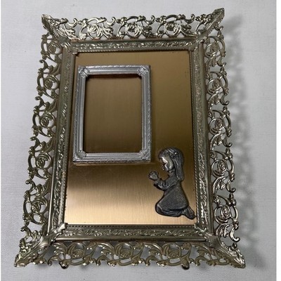 Vintage Ornate Metal Picture Frame Praying Girl Religious Decor Vignette Glam