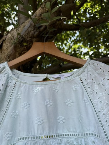 Next UK 20 Short Sleeve Top Blouse Light Mint Eyelet Cotton Fabric Puff Sleeves - Picture 2 of 11