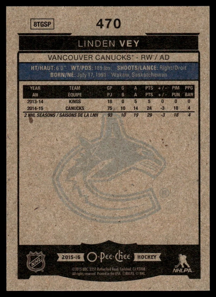 2015-16 O-Pee-Chee #470 Linden Vey Vancouver Canucks Hockey Card - Image 2 of 2