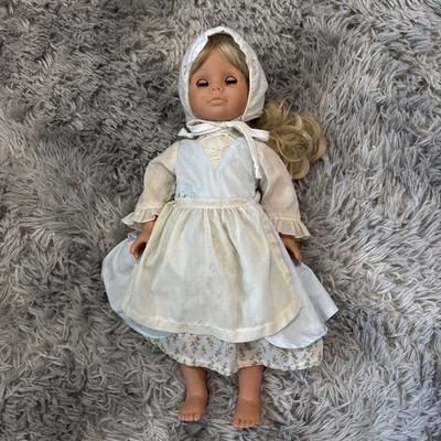 ENGEL PUPPE DOLL 18 INCHES GERMAN Doll Apron Bonnet Vtg Blonde Hair Brown Eyes