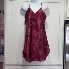 VTG Burgundy Jacquard Satin Slip Dress Size M Wine Leaves Autumn La Fleur 90s Y2
