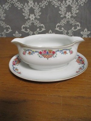 TK Thun Czechoslovakia - Gray Boat with Attached Saucer - Basket Flowers