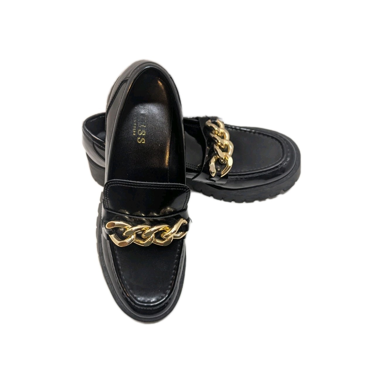 SAOLA Scarpe Guess donna Hilford mocassino grosso suola a strappo catena oro taglia 9 M