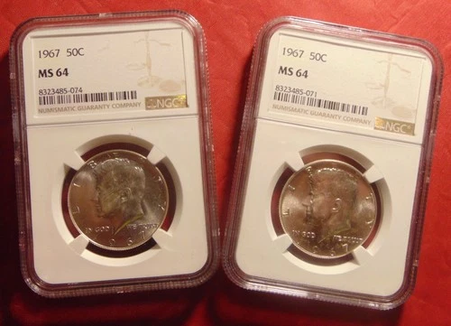 LOT (2 COINS) 1967 Kennedy 50C Silver Half Dollars, NGC MS 64, SWEET!