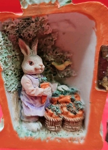 Set of 2 Vtg Ceramic Easter Bunny Rabbits Hinged Tree House Carrot Painted Eggs - Picture 9 of 12