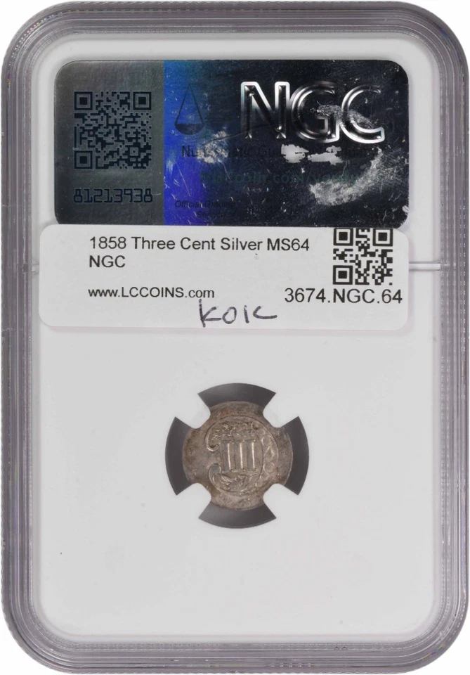 1858 Three Cent Silver MS64 NGC - Image 2 of 4