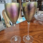 9" PAIR Steven Maslach Goblet Favrile Iridescent Cobalt Bases Signed — photo 2