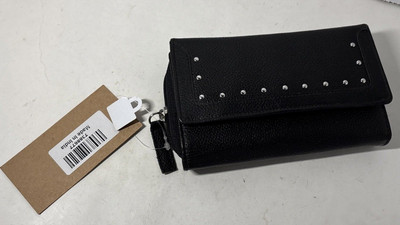 Union Code RFID Women's Wallet Black Pebble Leather Studded Zip Around NWT